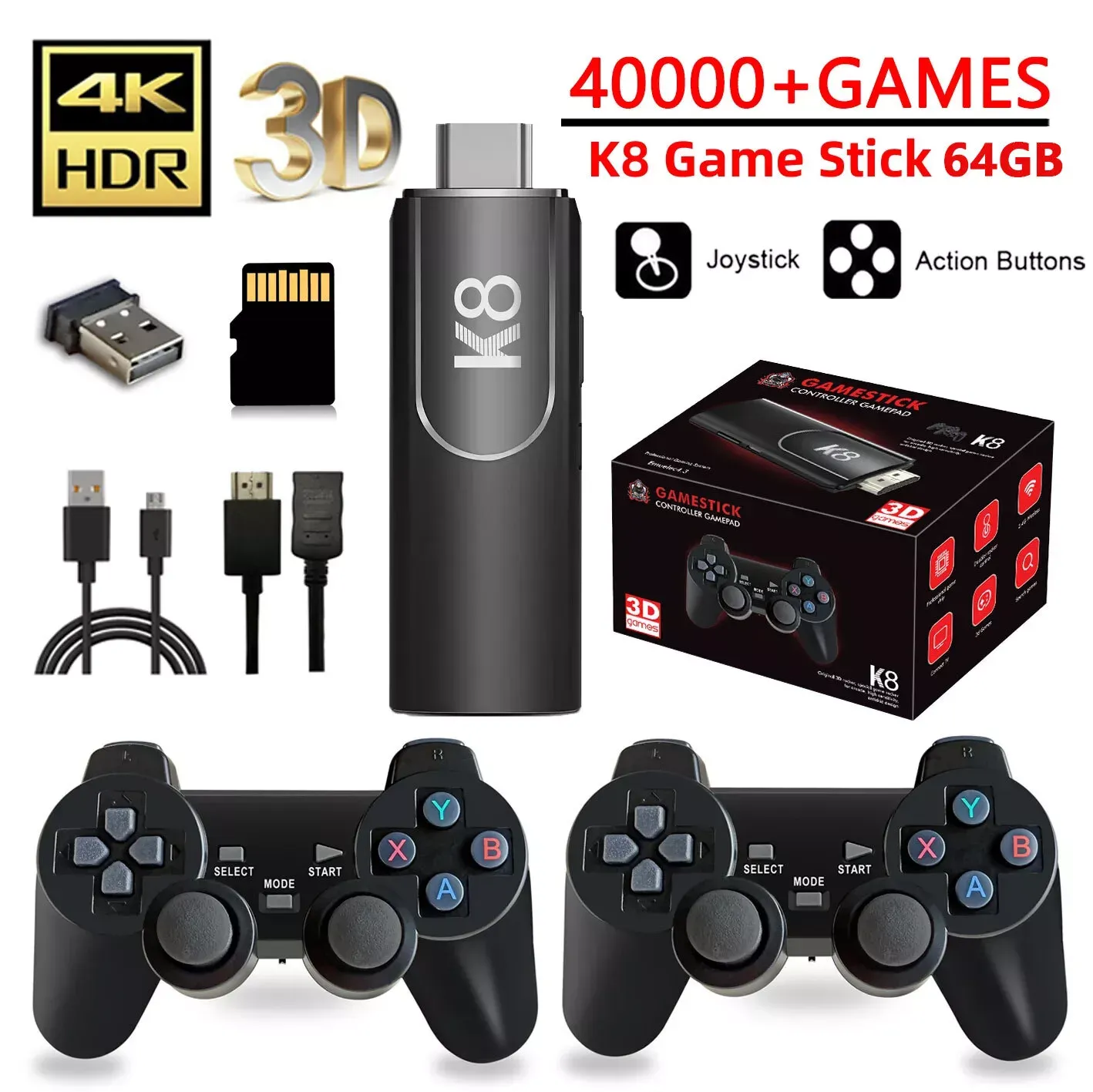 Best Price On K8 Game Stick Retro Game Console 4K HD 2.4G Wireless Controller 64G 40000 Games In Pakistan - mbatraders (1)