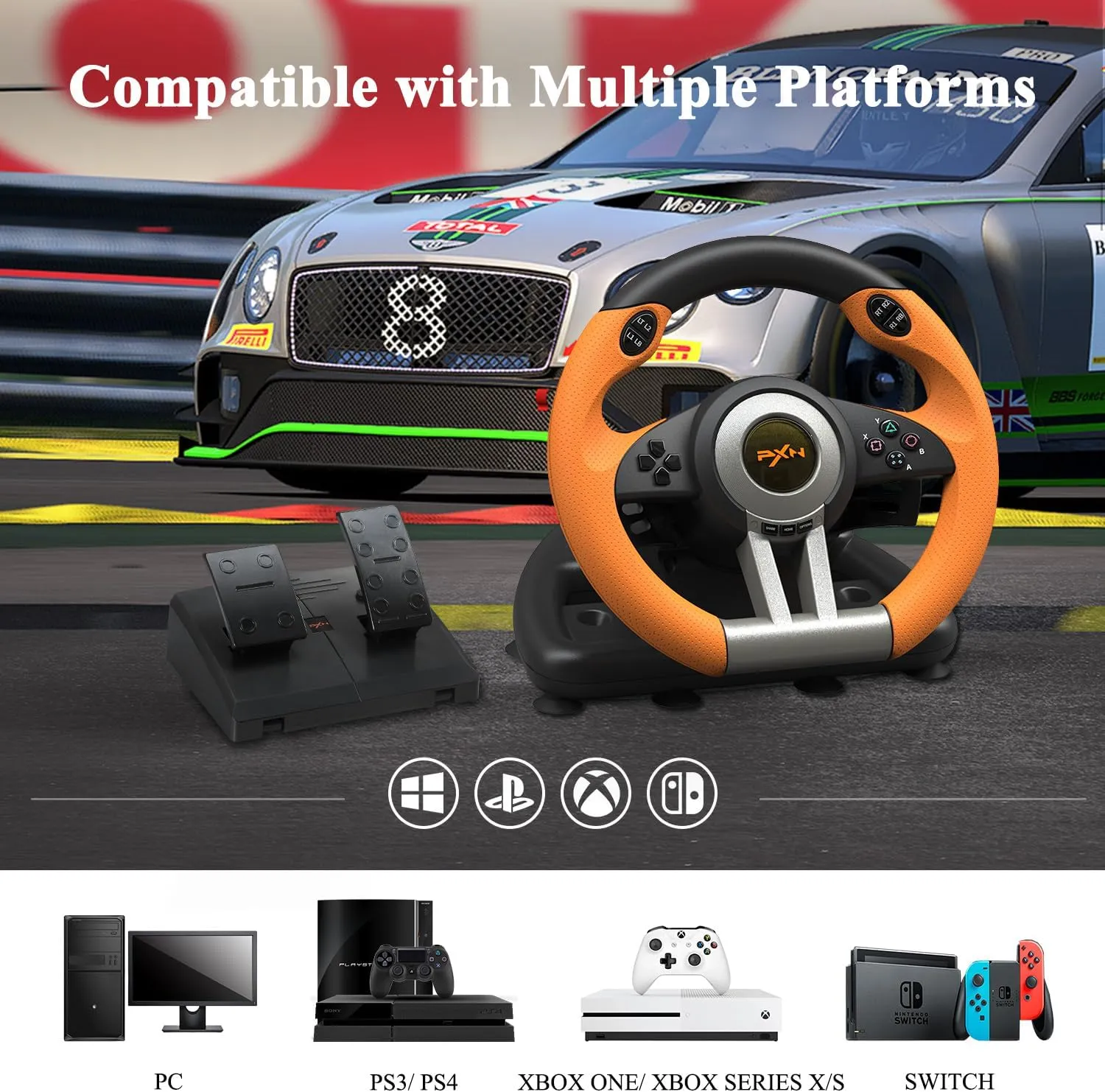 PXN V3 PRO Gaming Steering Wheel and Pedals PC (Orange)
