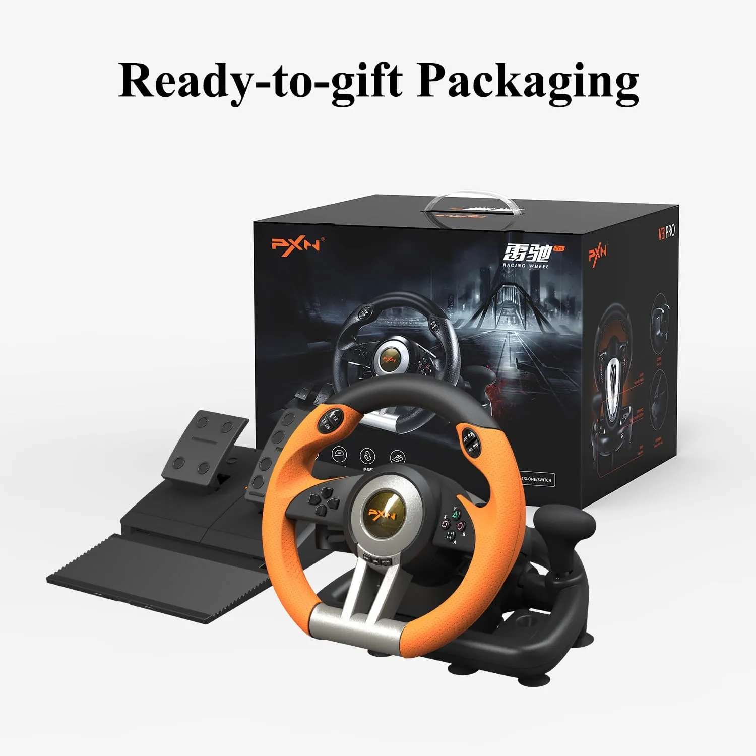 PXN V3 PRO Gaming Steering Wheel and Pedals PC (Orange)